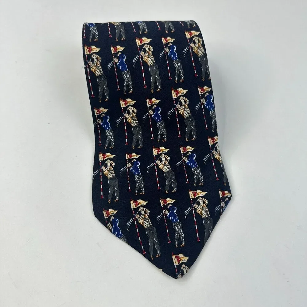 Gianfranco Mens 100%  Silk Tie Golf Print 58 x 3.75 Dark Navy Italy Sports
